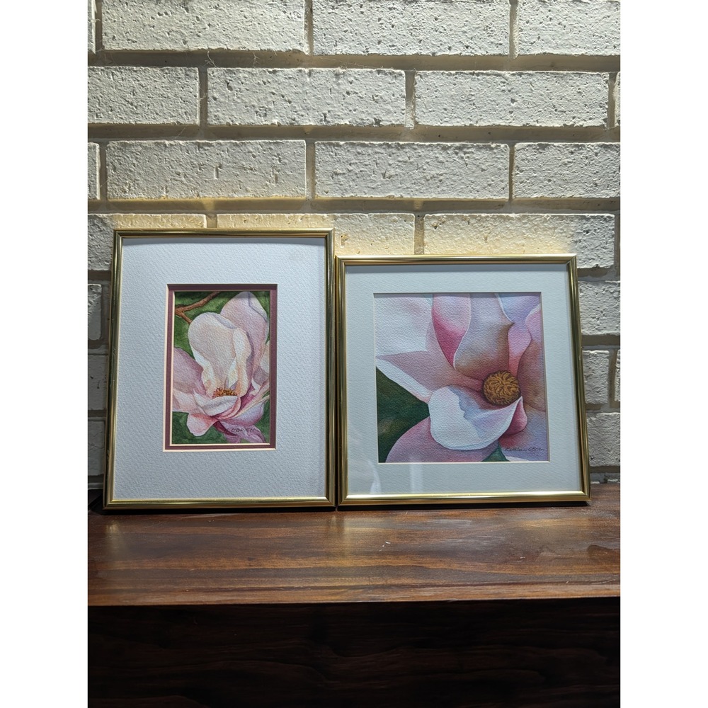 Kathleen O'Brien Original Watercolor Magnolia Set Signed Framed 9x9 8x10 Art‎